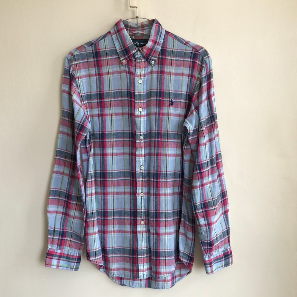 Ralph Lauren Plaid Linen Shirt Blue Men's Small S